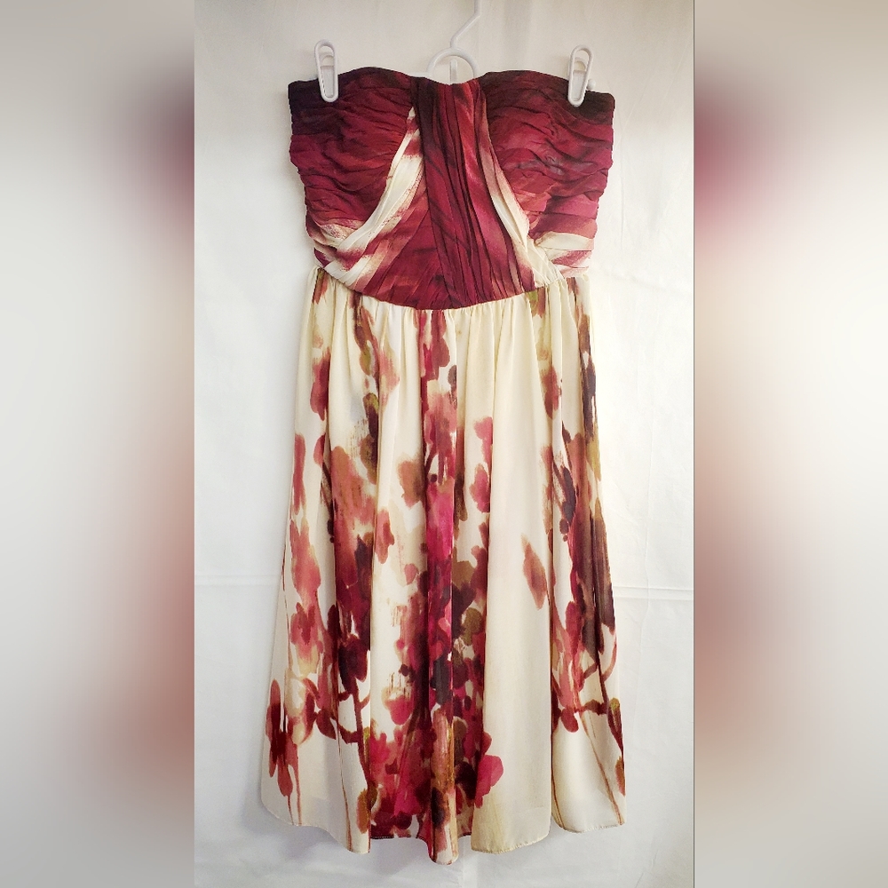 Strapless Cream Burgandy Floral Cocktail Dress by Donna Morgan, Size 2